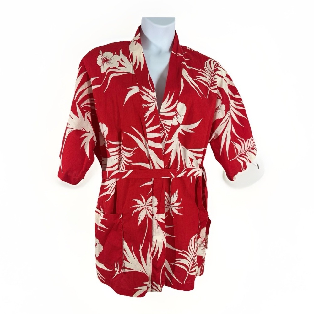 Vintage 70s HILO HATTIE Red Tropical Floral Kimono Robe - One Size